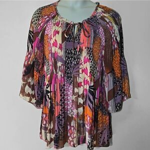 Boho Patchwork Pleated Flowy Fall Blouse Top 3X Festival Bohemian Art To Wear